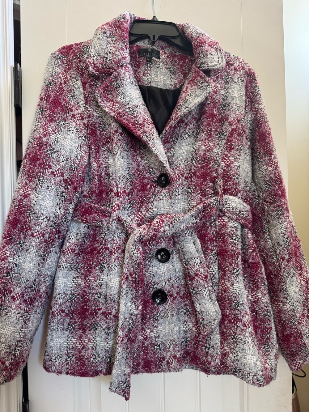 Women’s Textured Belted Coat - Pink & Gray with soft glitter